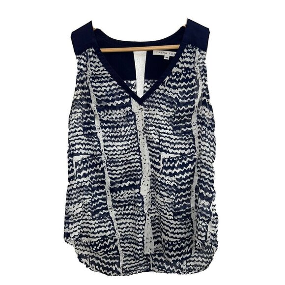Blouse Tops - Trina Turk Blouse Tank Navy Blue White Size Medium Cotton & Silk (T)